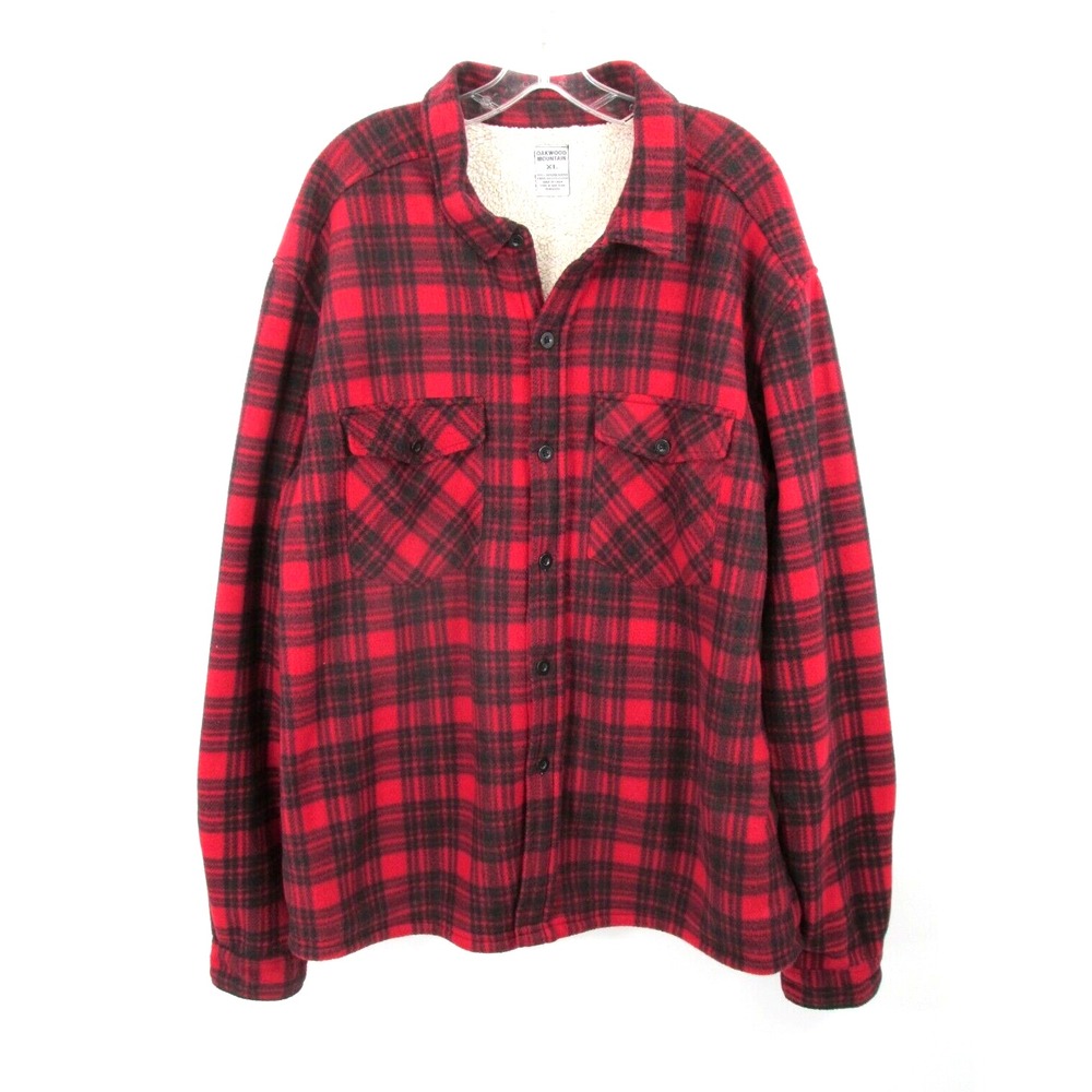 OAKWOOD MOUNTAIN Sherpa Lined Flannel Shacket Men XL Red Plaid Gorp Core Cabin